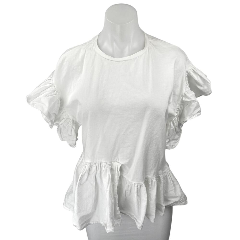 Zara Women's White Ruffle Short Sleeve Crew Neck Peplum Shirt Blouse Top Size L